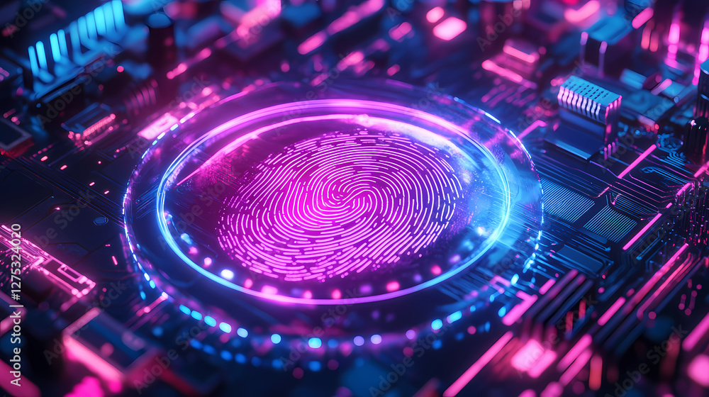 Fingerprint with Blue-Purple Glow on Circuit Background Fingerprint with Blue-Purple Glow on Circuit Background