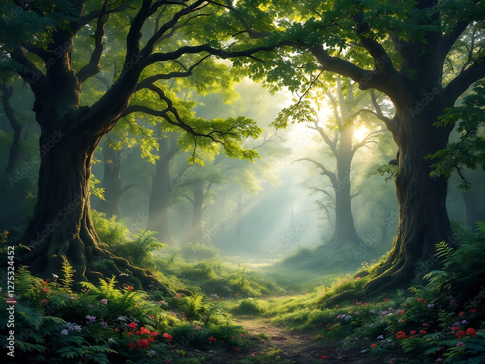 Fototapeta premium Serene Forest Path Sunlight Through Ancient Trees Tranquil Scene Woodland Walk Lush Greenery Magic