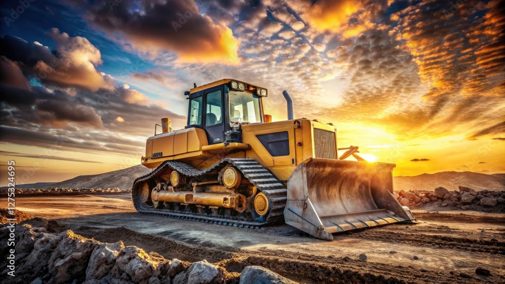 A yellow bulldozer dominates the construction site, earthmoving in progress. A yellow bulldozer dominates the construction site, earthmoving in progress.
