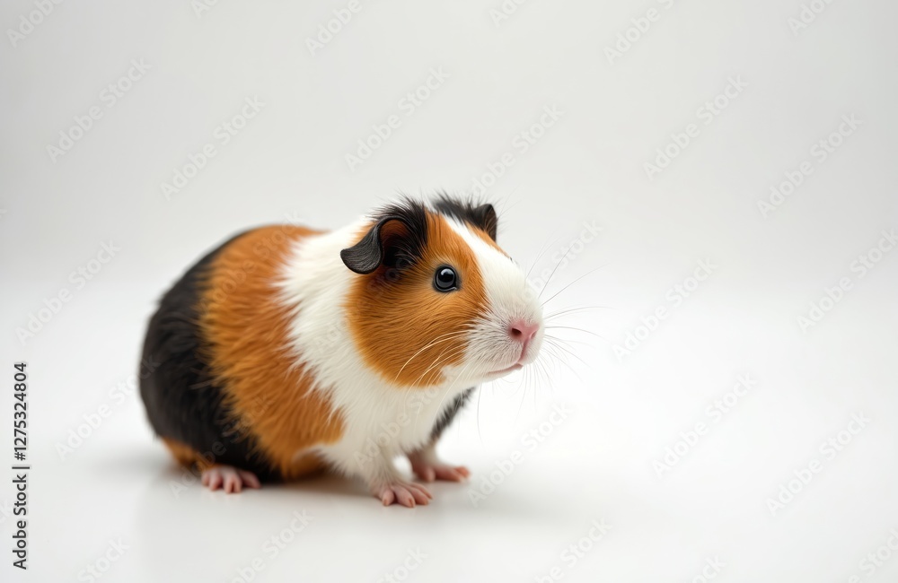 Closeup portrait of cute curious guinea pig on white background. Domestic animal variegated colours brown, red, black. Cavy with pink nose, long hair, funny face. Closeup portrait of cute curious guinea pig on white background. Domestic animal variegated colours brown, red, black. Cavy with pink nose, long hair, funny face.