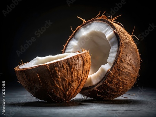 Black background accentuates a cracked coconut's texture in this striking studio still life.