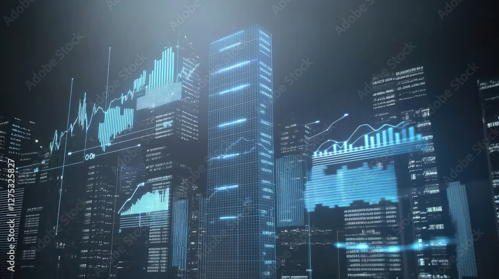 Fototapeta premium A futuristic city skyline with digital charts reflecting business growth, financial forecasts, and corporate evolution. Glowing data overlays highlight economic trends and company performance
