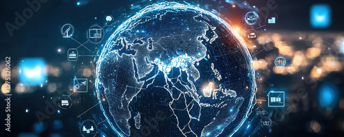 USA and China trade war, glowing digital globe with interconnected icons representing global trade, technology, and communication