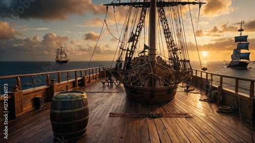 Video footage of wooden deck of a historic sailing ship at sunset, with barrels and rigging visible. Two other ships sail in the distance on the ocean