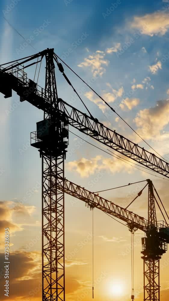 Striking Silhouettes of Construction Cranes Against a Vibrant Sunset Sky Striking Silhouettes of Construction Cranes Against a Vibrant Sunset Sky