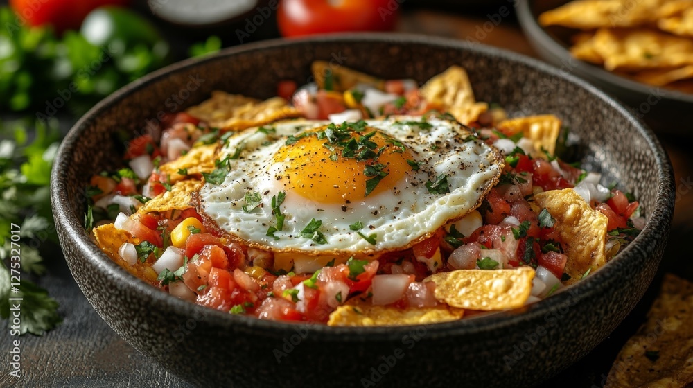 Colorful Breakfast Bowl with Fried Egg and Nachos. Generative AI Colorful Breakfast Bowl with Fried Egg and Nachos. Generative AI