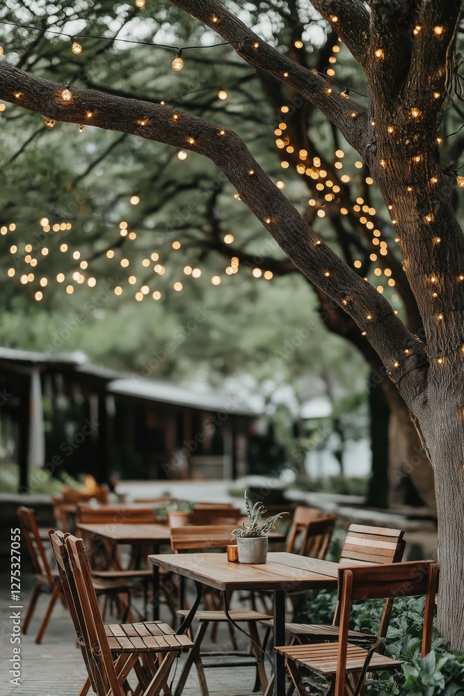 Obraz premium cozy street cafe, trees decorated with string lights