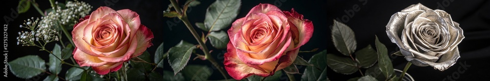 Three captivating roses highlighting soft colors and textures. Three captivating roses highlighting soft colors and textures.