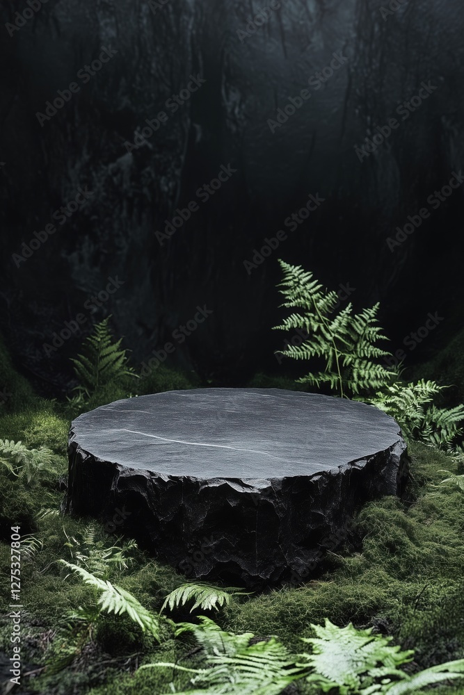 round black stone podium surrounded with moss and ferns round black stone podium surrounded with moss and ferns
