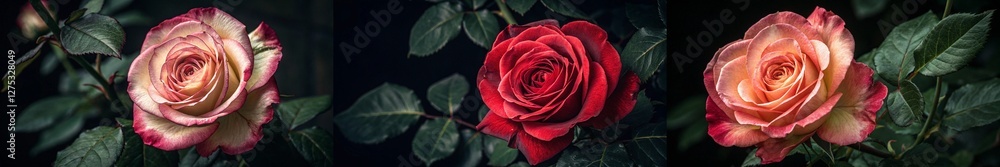 A trio of vivid roses in red and peach tones. A trio of vivid roses in red and peach tones.