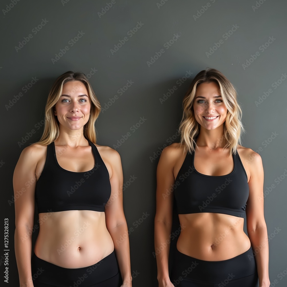 Side by side comparison woman before, after weight loss. Health, fitness journey, motivation, slim fit body. Healthy lifestyle change, progress, transformation. Blonde girl result, success. Side by side comparison woman before, after weight loss. Health, fitness journey, motivation, slim fit body. Healthy lifestyle change, progress, transformation. Blonde girl result, success.