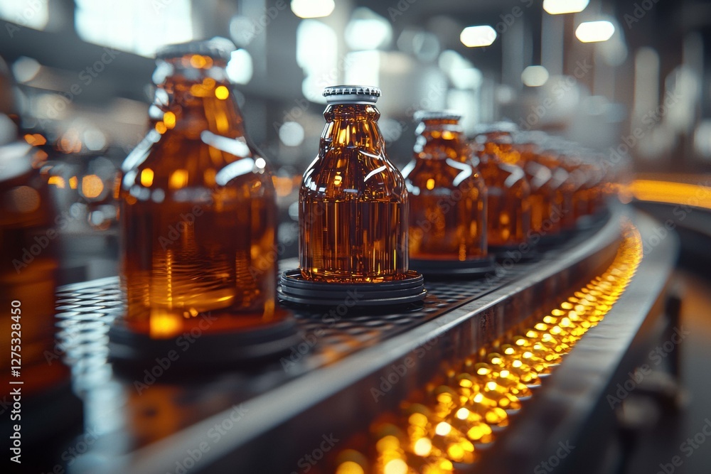 Bottles moving on a conveyor belt. AI. Bottles moving on a conveyor belt. AI.