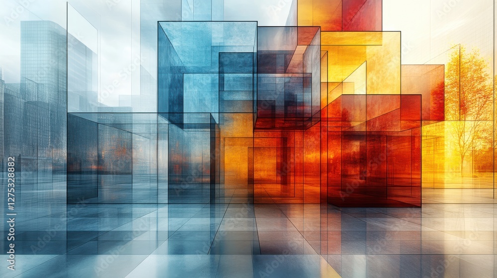 Abstract Glass Structures in Modern Urban Environment with Color Gradient Abstract Glass Structures in Modern Urban Environment with Color Gradient