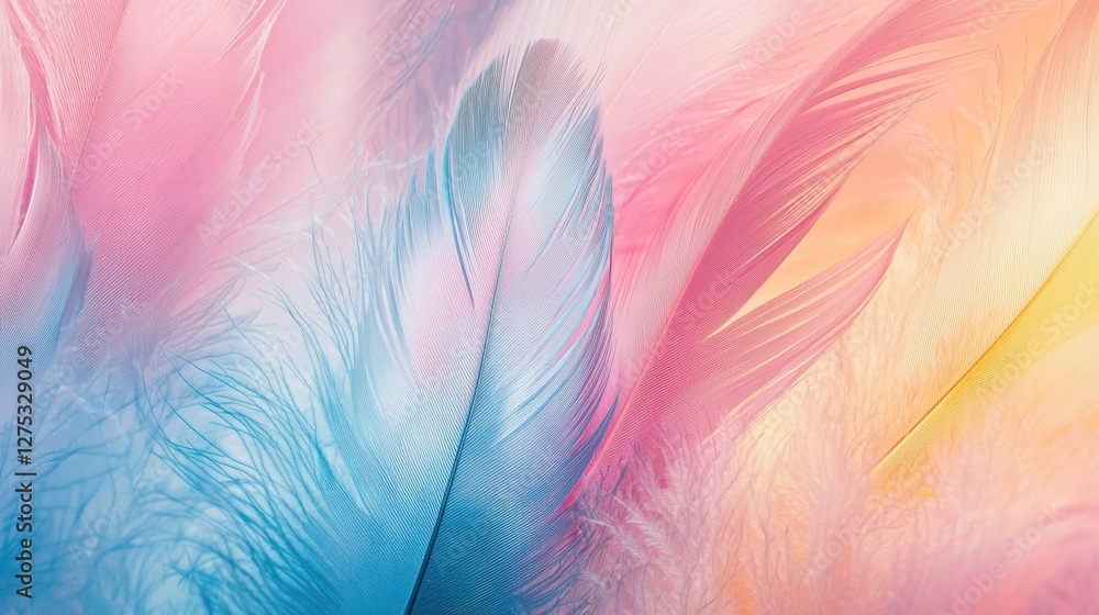 Obraz premium A serene and abstract composition of colorful feather textures, blending soft pink, blue, and yellow hues, inspiring a sense of calm and creativity.