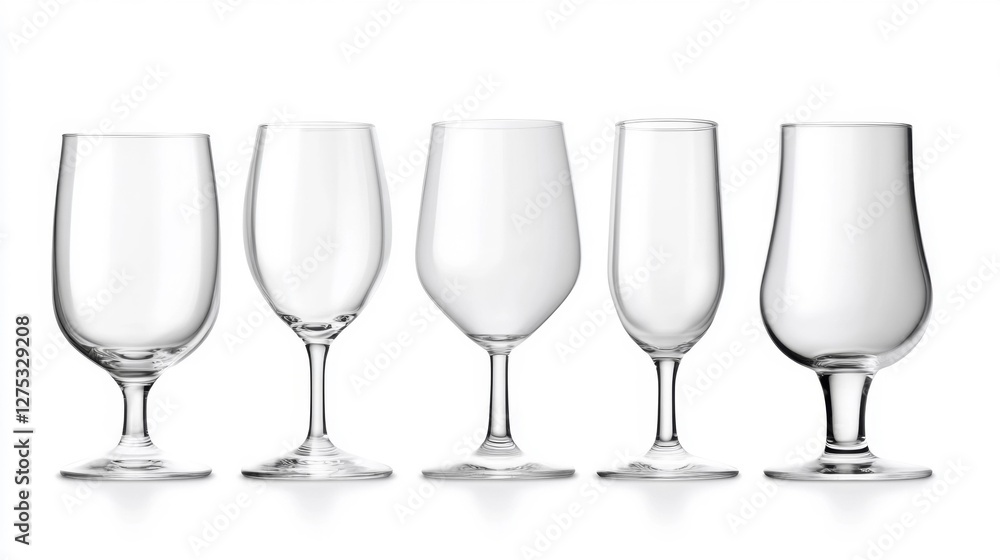 Variety of Elegant Drinking Glasses on a White Isolated Background. Generative AI Variety of Elegant Drinking Glasses on a White Isolated Background. Generative AI