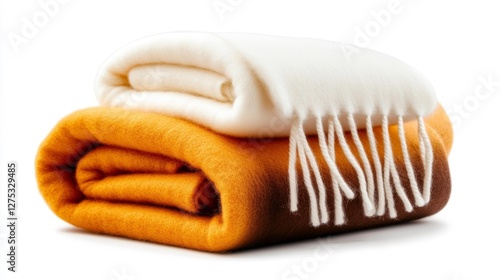 Folded Soft Blankets in Warm and Cozy Colors of Yellow White and Brown. Generative AI photo