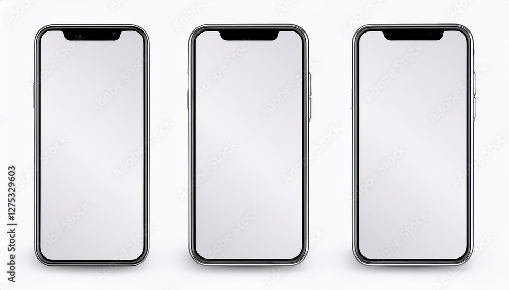 Realistic White Mockup of 3D Smartphone Set with Blank Screen Modern Minimalism in a Futuristic Setting, Perfect for Digital Art or Design Inspiration. Realistic White Mockup of 3D Smartphone Set with Blank Screen Modern Minimalism in a Futuristic Setting, Perfect for Digital Art or Design Inspiration.