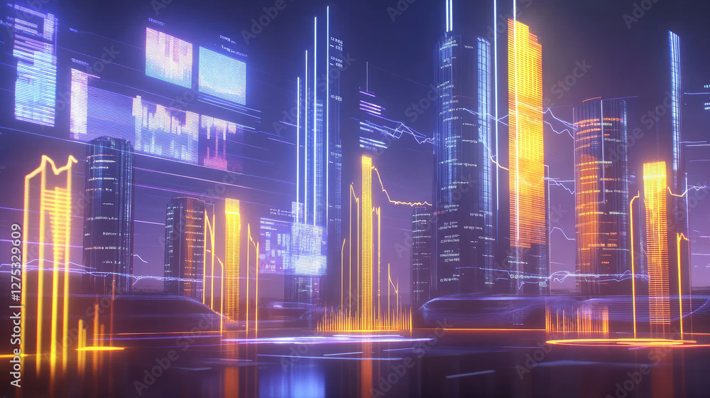 A futuristic city skyline with digital charts reflecting business growth, financial forecasts, and corporate evolution. Glowing data overlays highlight economic trends and company performance A futuristic city skyline with digital charts reflecting business growth, financial forecasts, and corporate evolution. Glowing data overlays highlight economic trends and company performance