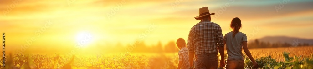 Fototapeta premium Family walking together in sunset over a farm field. Generative AI