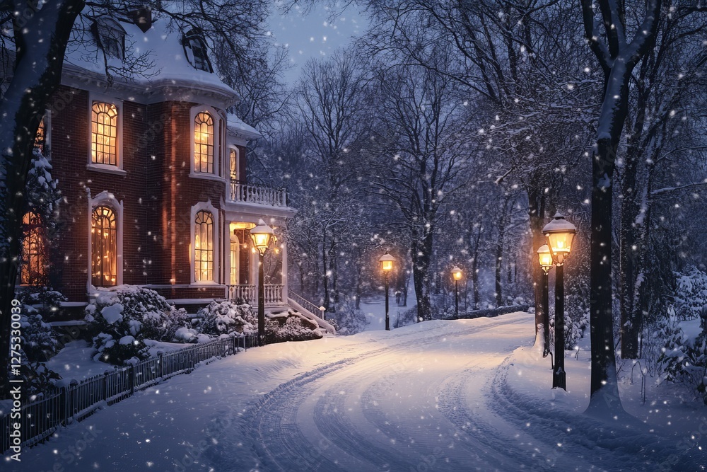 Snowy Winter Wonderland with Brick Mansion, Glowing Lamps, and Magical Ambiance
Snowy Winter Wonderland with Brick Mansion, Glowing Lamps, and Magical Ambiance