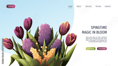 Web page design with flowers. Spring time, nature, gardening. Vector illustration for banner, website template.