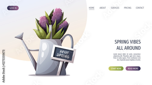 Web page design with watering can and flowers. Spring time, nature, gardening. Vector illustration for banner, website template.