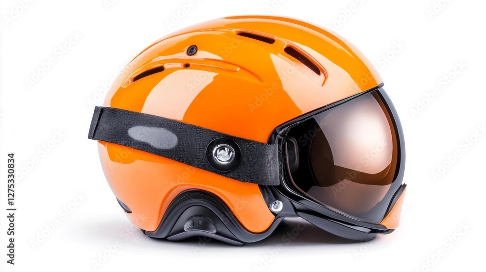 Fototapeta premium Orange glossy helmet with black strap and visor. Generative AI