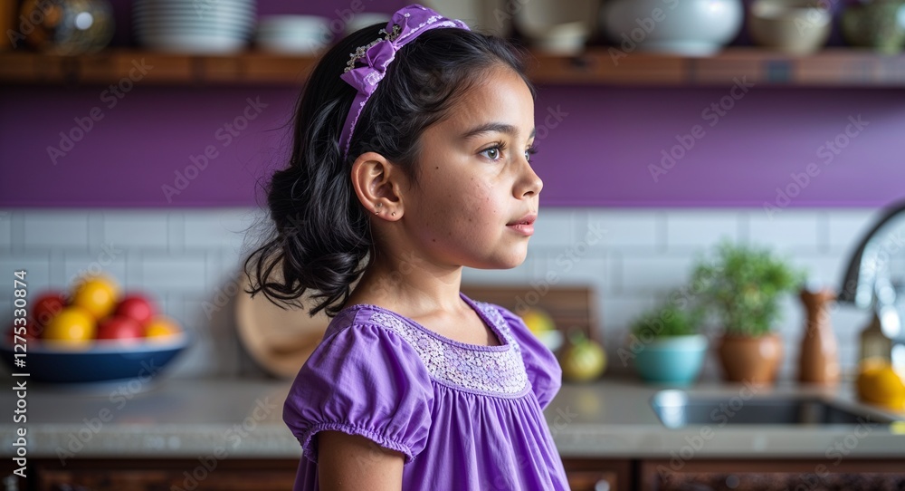 Kid Hispanic girl in a kitchen background purple dress side view portrait Kid Hispanic girl in a kitchen background purple dress side view portrait