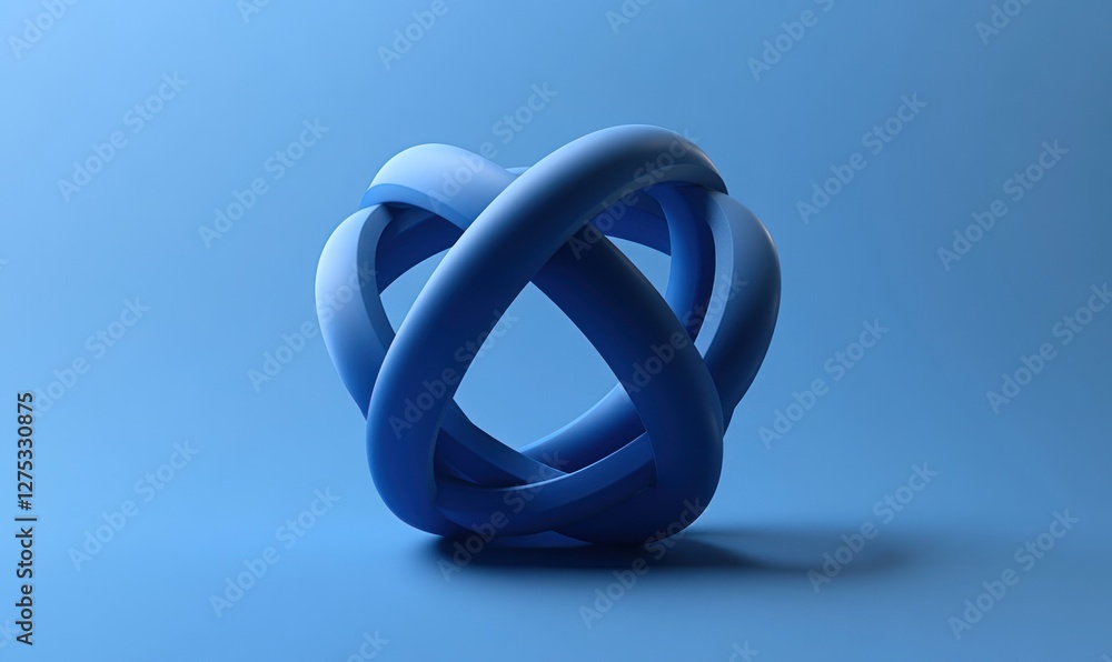 Abstract blue 3D sphere, interwoven rings, smooth curves, minimal design, geometric shape, blue background. Abstract blue 3D sphere, interwoven rings, smooth curves, minimal design, geometric shape, blue background.