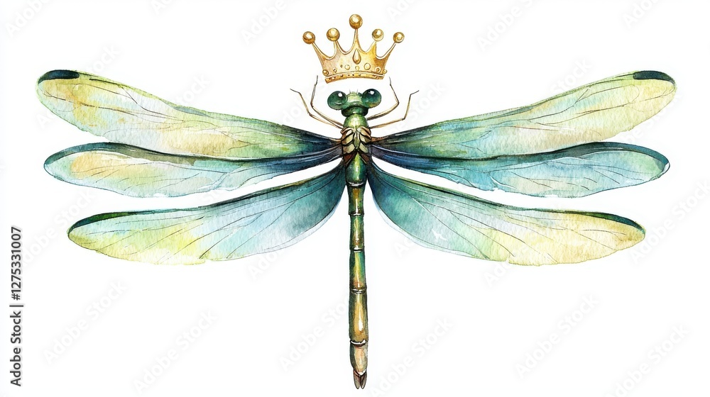 A stunning illustration of a dragonfly adorned with a golden crown, embodying grace and beauty in nature's design, perfect for art and inspiration. A stunning illustration of a dragonfly adorned with a golden crown, embodying grace and beauty in nature's design, perfect for art and inspiration.
