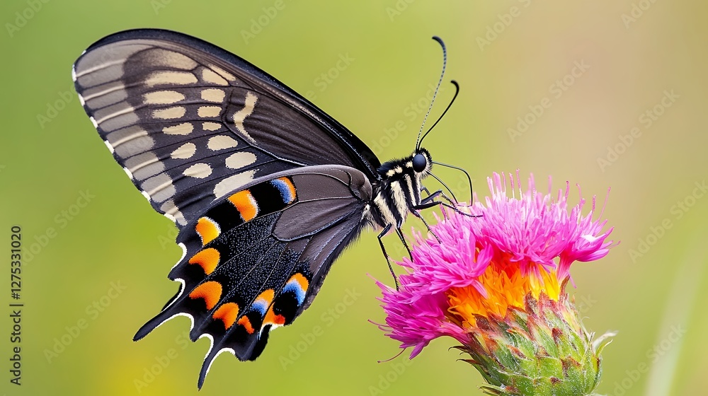 Fototapeta premium Black Butterfly with Orange Accents on Pink Flower