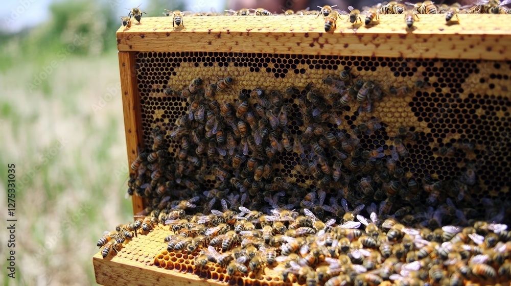 Close-Up View of Bees on Honeycomb in Natural Outdoor Environment Close-Up View of Bees on Honeycomb in Natural Outdoor Environment