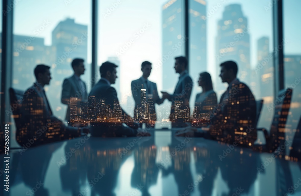 © Vadym - Blurred silhouettes of business team meeting against city office building background. Double exposure highlights partnership success, teamwork, urban office life. Corporate group discussion, global