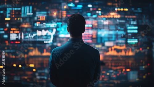 Person analyzes data on a large digital screen displaying complex graphs and charts in a modern workspace during nighttime