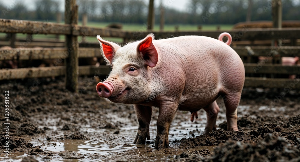 Pig in muddy farm pen background side view portrait Pig in muddy farm pen background side view portrait