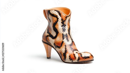 Stylish Snake-Patterned Boot with High Heel on White Background. Generative AI