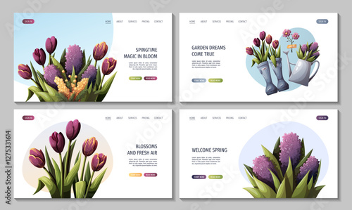 Set of web pages with flowers, watering can, rubber boots. Spring time, nature, gardening. Vector illustration for banner, website	