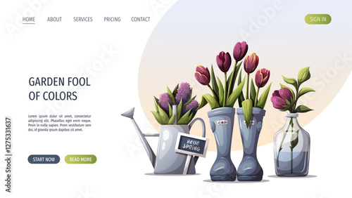Web page design with rubber boots with tulips and watering can with purple flowers. Spring time, nature, gardening. Vector illustration for banner, website.