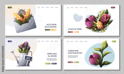 Set of web pages with flowers, watering can, envelope with mimosa. Vector illustration for banner, website	