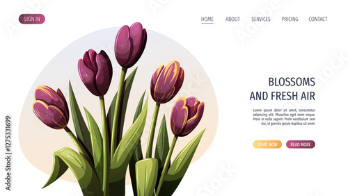 Web page design with tulips. Spring time, nature, gardening. Vector illustration for banner, website template.