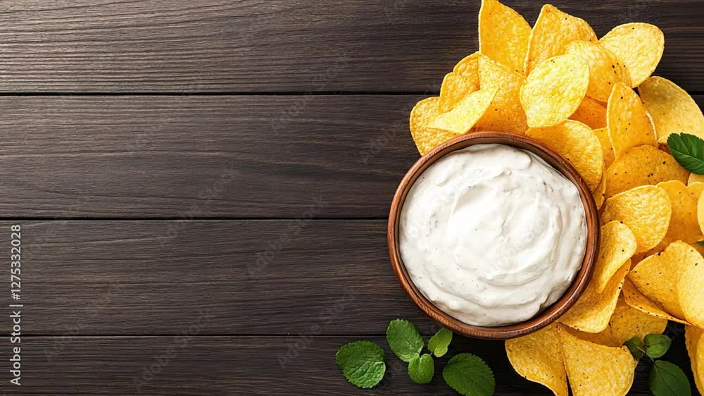 Creamy dip with crispy potato chips on a wooden table Creamy dip with crispy potato chips on a wooden table