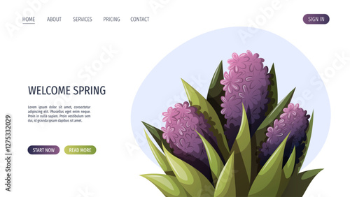 Web page design with flowers. Spring time, nature, gardening. Vector illustration for banner, website template.