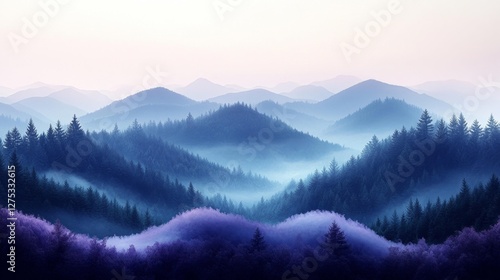 Misty blue and purple mountains covered with forests at dawn. Generative AI photo