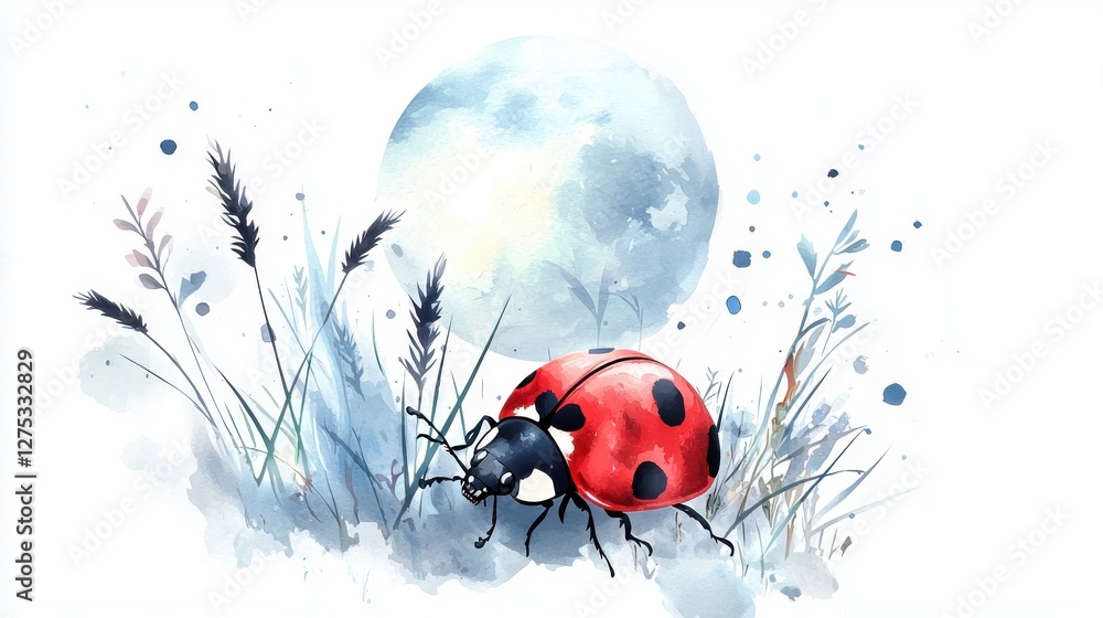 A vibrant watercolor illustration of a ladybug against a dreamy night sky. The delicate foliage adds to the enchanting atmosphere of nature's beauty. A vibrant watercolor illustration of a ladybug against a dreamy night sky. The delicate foliage adds to the enchanting atmosphere of nature's beauty.