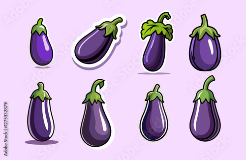Sets icon collection of eggplants with green stems, displayed on a light purple background, showcasing their glossy and vibrant appearance in various shapes and sizes