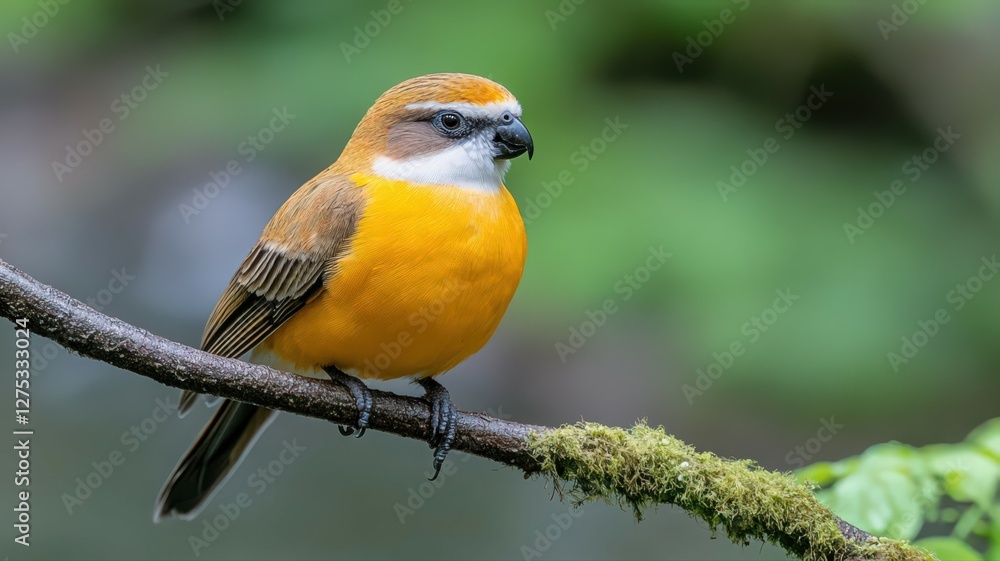 Fototapeta premium Closeup of a Vibrant Yellow Bird on Mossy Branch