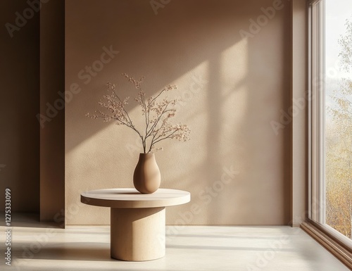 Minimalist room, vase, table, autumn view, sunlight, interior design photo