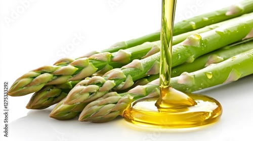 Fresh Asparagus with Olive Oil Drizzle on White Background. Generative AI photo