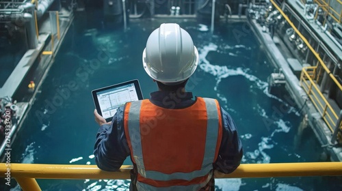 Worker and engineer perform inspection in industrial facility. Management and control with technology. Safety in operations, professional application factory context.