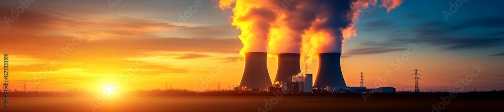 Fototapeta premium Powerful Nuclear Plant with Steam Rising in the Sunset. Generative AI